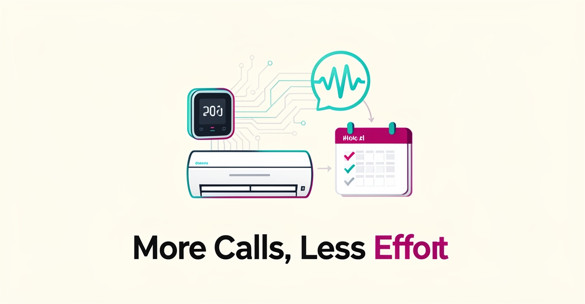 Flat illustration of an HVAC unit connected to AI booking icons in teal and magenta with headline More Calls, Less Effort.